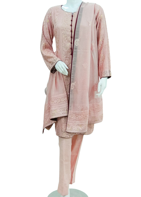 Light Pink Chiffon Chickenkari 3PC