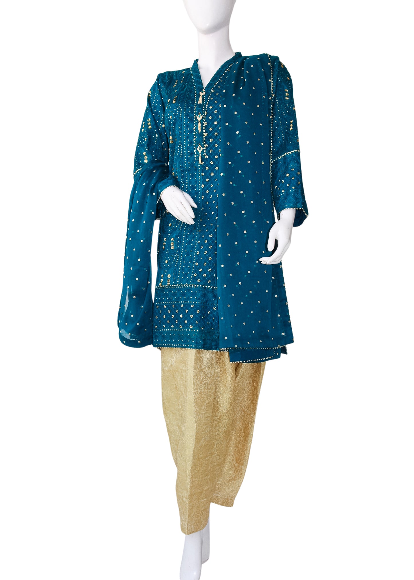 Sea Green Chiffon Chickenkari 3PC