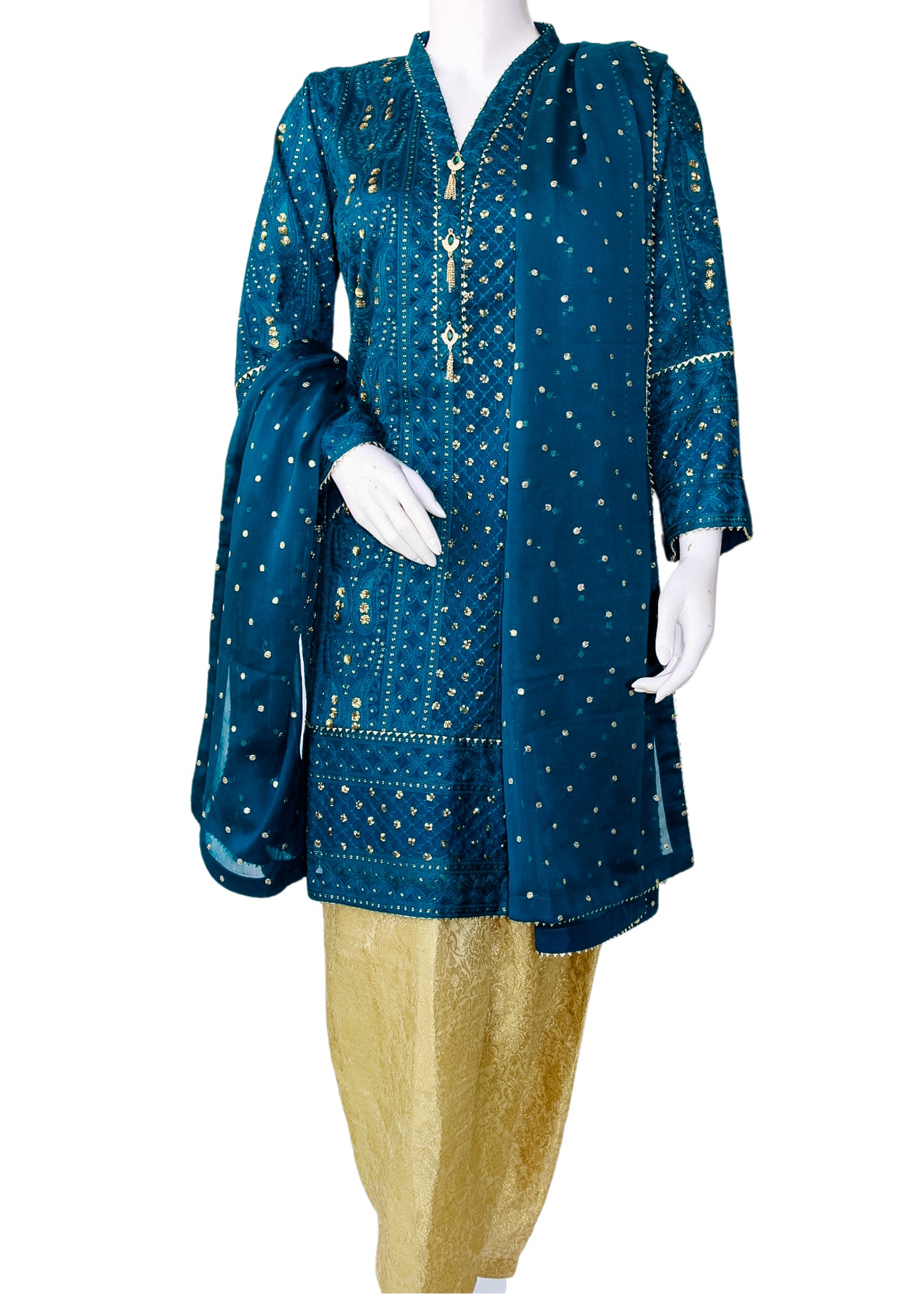 Sea Green Chiffon Chickenkari 3PC