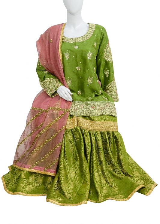 Green Rawsilk Shirt & Gharara 3PC