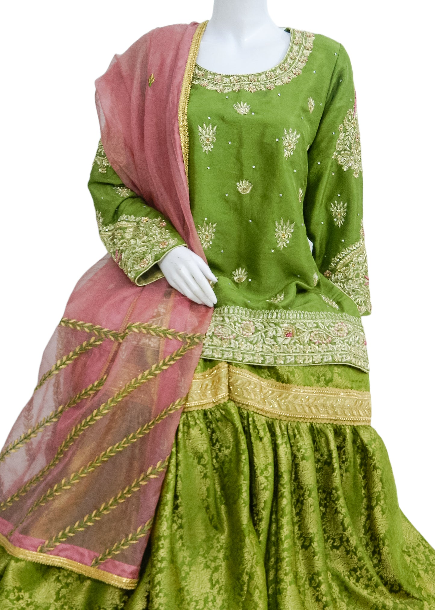 Green Rawsilk Shirt & Gharara 3PC