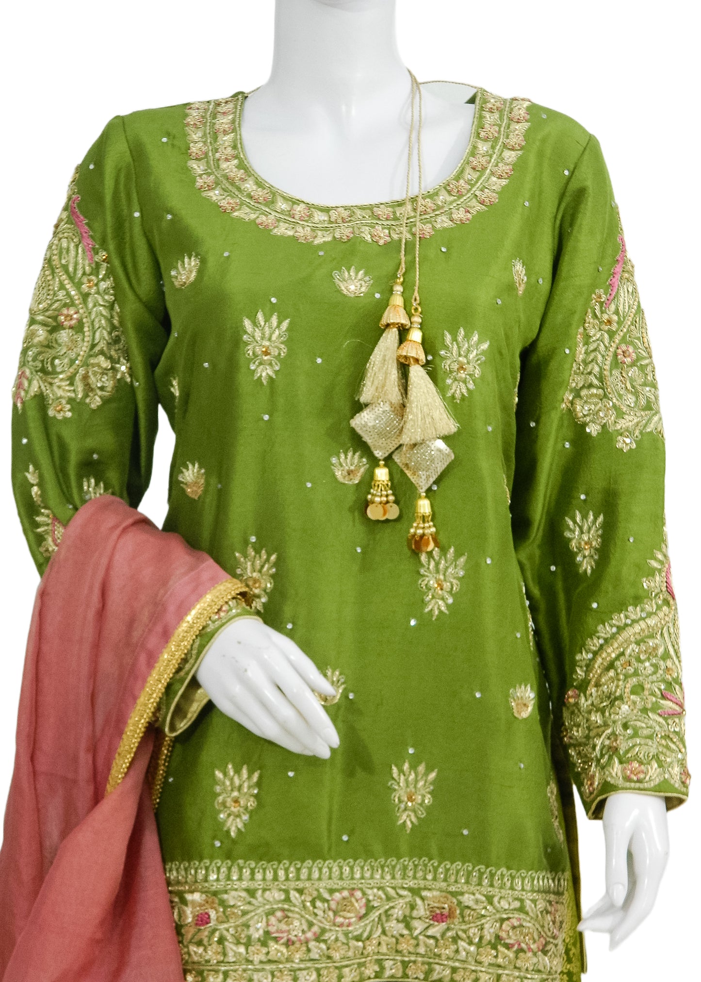 Green Rawsilk Shirt & Gharara 3PC