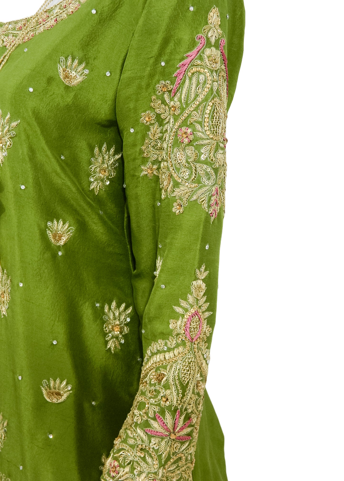 Green Rawsilk Shirt & Gharara 3PC